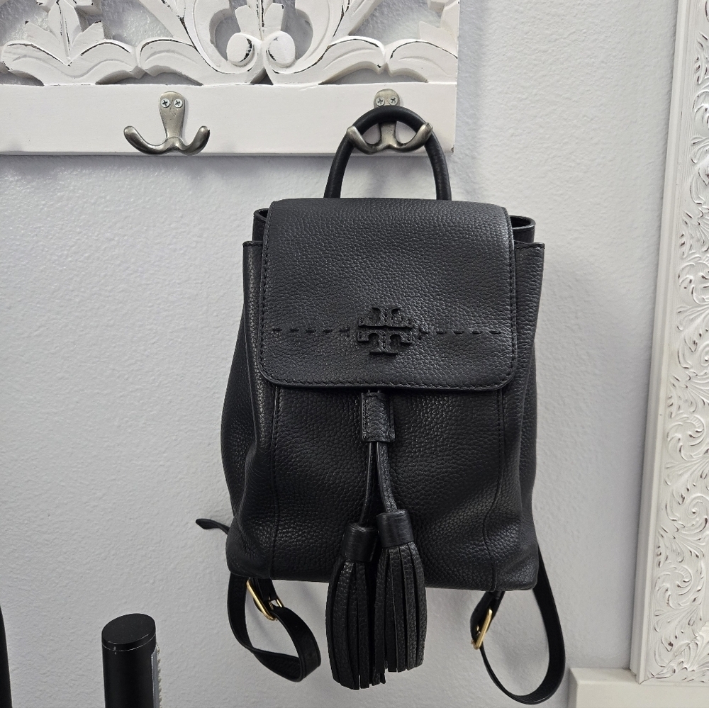 Tory Burch Mcgraw Black Leather Backpack with Tassel - Picture 2 of 16